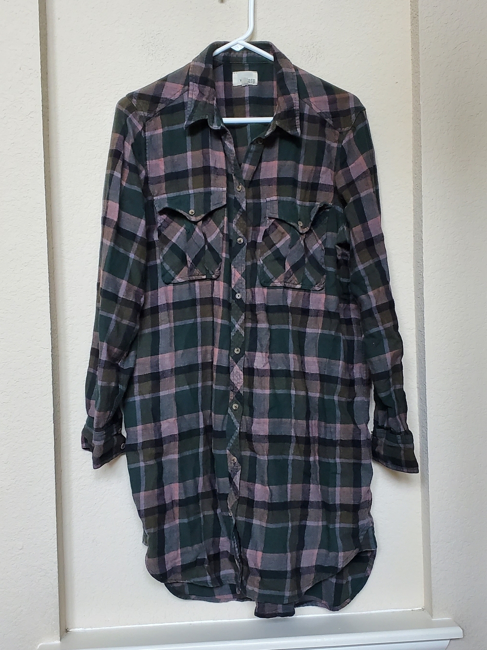 Wilfred Free Long-Sleeve Plaid Shirt Dress in Dark Green and Mauve.  Size Large